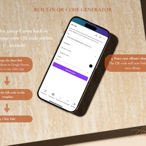 May include: A smartphone displaying a Canva QR code generator interface. Text instructions guide the user through a four-step process to create and link a QR code. The screen shows input fields for a URL, background color, and margin settings.