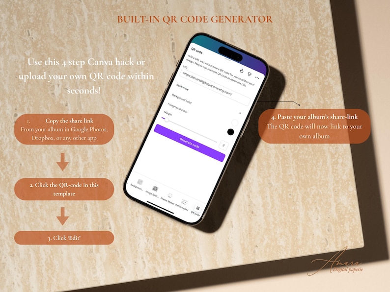 May include: A smartphone displaying a Canva QR code generator interface. Text instructions guide the user through a four-step process to create and link a QR code. The screen shows input fields for a URL, background color, and margin settings.