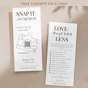 May include: Two white rectangular wedding photo scavenger hunt cards with black text and line art. The left card features a camera icon with a QR code, while the right card lists photo prompts with heart checkboxes. Both cards include names and dates.