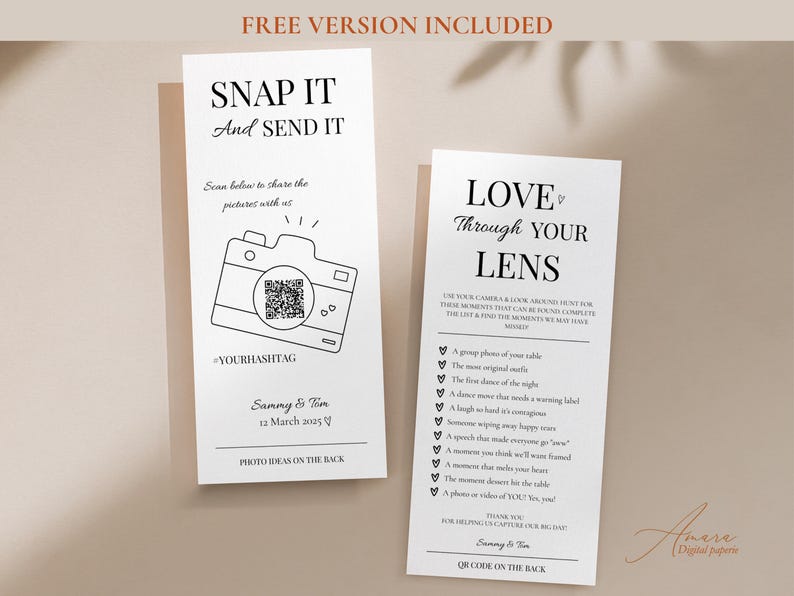 May include: Two white rectangular wedding photo scavenger hunt cards with black text and line art. The left card features a camera icon with a QR code, while the right card lists photo prompts with heart checkboxes. Both cards include names and dates.