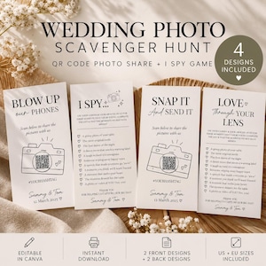 Wedding Scavenger Hunt, I Spy Reception Card, QR Code Photo Share, Canva Template, Digital Download