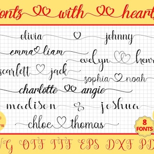 Fuentes con corazones, paquete de fuentes, fuentes cursivas, fuente cursiva SVG, fuentes SVG, fuentes de firma, fuentes Cricut, fuente swashes, fuente para bodas