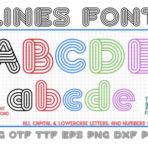 May include: A graphic design font with the letters A, B, C, D, and E in black, red, blue, green, and purple. The letters are made of multiple lines. The font is called "Lines Font" and is available in SVG, OTF, TTF, EPS, PNG, DXF, and PDF formats. The text "INSTANT DOWNLOAD" and "124 SVG PNG FILES" are also included in the image.