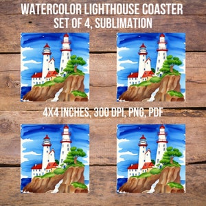 May include: A set of four watercolor coasters, each with a lighthouse design. The coasters show a white lighthouse with a red top, a green tree, and blue sea and sky. Each coaster measures 10x10 cm.