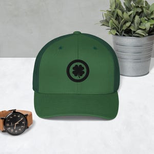 Embroidered Lucky Clover Trucker Cap, Lucky Hat, Lucky Baseball Hat, Lucky Clover Hat, Clover Hat, Clover baseball hat, Good fortune hat