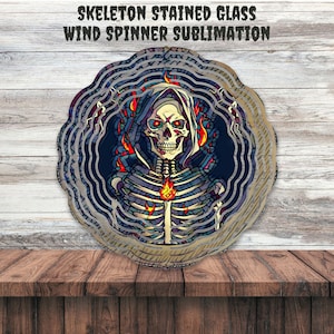 Skeleton Stained Glass Wind Spinner Art, Skeleton Wind Spinner PNG Sublimation Design, Digital Download, Skull Decor Windspinner Commercial,
