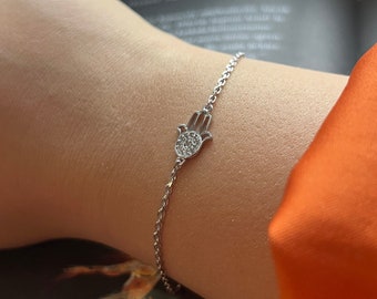 Hamsa Hand Bracelet in 925 Sterling Silver | Hand of Fatima Protection Charm | Spiritual Gift for Her