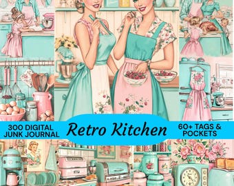 300 retro köksskräpjournaler, 60 etiketter och fickor, vintage matlagningsephemera, receptpapper från 1950-talet, gör-det-själv-kit för middag från mitten av århundradet, PNG