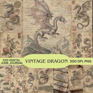 May include: A collage of vintage dragon illustrations in sepia tones. The central image features a detailed dragon with outstretched wings, set against a backdrop of mountains and a castle. The text "VINTAGE DRAGON" is displayed prominently.
