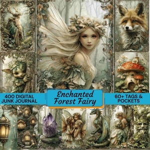 Peut inclure: Couverture de journal numérique avec une fée aux cheveux blonds et une couronne de fleurs. L'image comprend un renard, une maison champignon et le texte "Enchanted Forest Fairy". Le journal a 60+ étiquettes et poches.