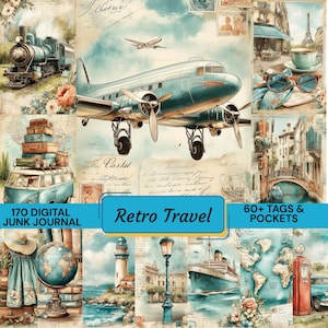 Peut inclure: Un collage avec des illustrations d'un avion vintage, d'un train et d'images liées au voyage. L'image comprend une bannière bleue avec le texte "Retro Travel" et d'autres textes. Le thème général est un journal numérique.