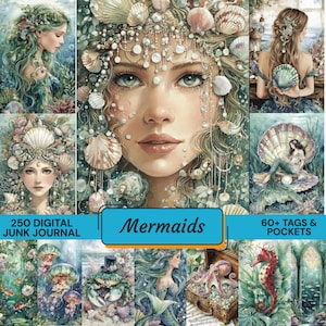 May include: A collection of watercolour illustrations depicting mermaids and marine creatures. The central image is a close-up of a mermaid adorned with seashells and pearls. The text "Mermaids" is on a blue banner, with "250 Digital Junk Journal" and "60+ Tags & Pockets" also visible.