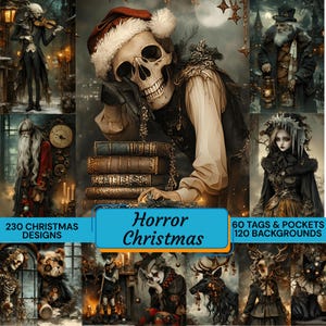 Peut inclure: Un collage numérique présentant diverses illustrations de vacances gothiques, dont un crâne portant un bonnet de Père Noël, un violoniste, une figure barbue avec une lanterne et un personnage sombre avec des glaçons, étiqueté Horror Christmas.