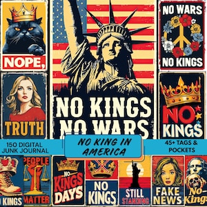 150 No Kings No Wars Junk Journal Kit, 45 Tags & Pockets, Patriotic America Ephemera, Vintage Protest Poster Paper, Liberty DIY PNG 300DPI