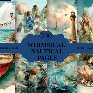 Peut inclure: Un collage d'art numérique sur le thème nautique. L'image présente des coquillages, des bouteilles en verre, un phare, un bateau rouge et le texte "200 WHIMSICAL NAUTICAL PAGES". L'arrière-plan comprend des scènes océaniques et une bannière bleue.