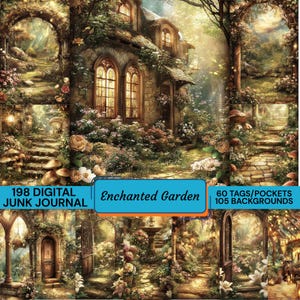 Kit per junk journal "Giardino Incantato", carta digitale "Fairy Cottagecore", elementi decorativi "Foresta Segreta", 60 etichette e tasche, PNG botanico mistico