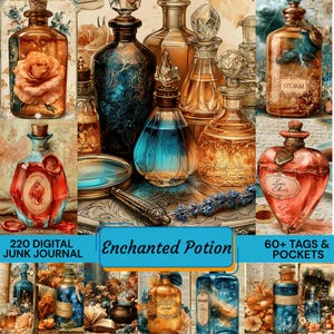 May include: A digital collection of potion bottles featuring various shapes, colours, and labels including Storm and Love Elixir. The set includes 220 digital junk journal elements and 60 tags and pockets with text reading Enchanted Potion.