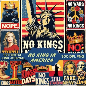 Peut inclure: Un collage d'art numérique avec divers motifs. On y trouve des images de la Statue de la Liberté, un chat couronné, et les textes "NO KINGS" et "NO KING IN AMERICA". La palette de couleurs comprend le rouge, le bleu et le jaune.