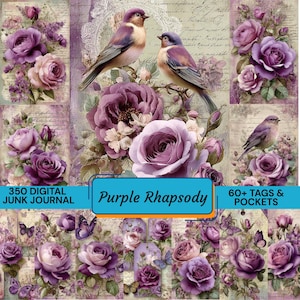 350 Purple Rhapsody Junk Journal Kit, +60 Tags & Pockets, Vintage Purple Roses Ephemera, Victorian Botanical Paper, Moody Floral DIY Kit