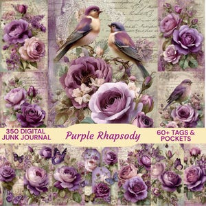 Puede incluir: Un diario digital titulado "Purple Rhapsody" con un collage de rosas moradas, mariposas y pájaros. La imagen incluye etiquetas y bolsillos, con texto que dice "350 Digital Junk Journal" y "60+ Tags & Pockets."