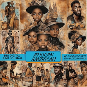 Peut inclure: Une collection de junk journal numérique sur le thème afro-américain comprenant 350 éléments, 60 étiquettes et 120 arrière-plans. Le collage présente des illustrations de personnes en tenue vintage, des croquis architecturaux et des textes sépia.