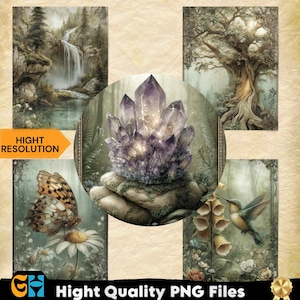 May include: A collection of fantasy art prints featuring a waterfall, a large tree, a butterfly on a flower, a hummingbird, and a large purple crystal cluster. The text "HIGHT RESOLUTION" and "Hight Quality PNG Files" are also visible.