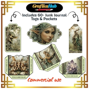 May include: A collection of junk journal tags and pockets with fantasy art. The tags feature images of fairies, a forest spirit, and a woman with pointed ears. The text includes "Includes 60+ Junk Journal Tags & Pockets" and "Commercial use".