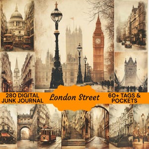 Peut inclure: Un collage d'images de style vintage représentant des lieux emblématiques de Londres. Comprend Big Ben, des bus à impériale et des scènes de rue. Le texte "280 DIGITAL JUNK JOURNAL" et "London Street" est visible.