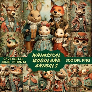 Puede incluir: Un collage digital con animales del bosque caprichosos, incluyendo un ciervo, un zorro, conejos y un búho, todos vestidos con atuendos vintage. La imagen incluye el texto "Whimsical Woodland Animals" y "252 Digital Junk Journal".