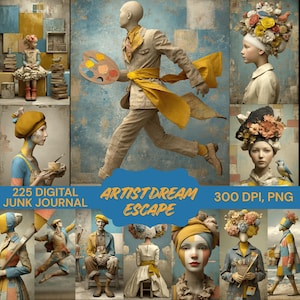 May include: A digital art collage with a surreal theme. The central figure is a man in a tan suit, running and holding a painter's palette. The text "ARTIST DREAM ESCAPE" is displayed. Other figures are wearing hats with flowers.