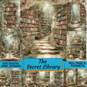 Peut inclure: Un journal numérique sur le thème de la fantaisie. L'image présente une bibliothèque secrète avec des étagères, des escaliers et un jardin. Le texte sur l'image dit "The Secret Library", "200 Digital Junk Journal" et "60+ Tags & Pockets".