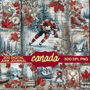 Vintage Canada Junk Journal Pages, Maple Leaf Scrapbook Kit, Retro Hockey Digital Paper, Canadian Wilderness Ephemera, Nature Mountains PNG