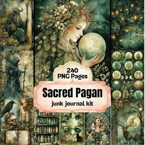 May include: A digital junk journal kit featuring 240 PNG pages with illustrations of a horned figure, a woman holding a moon, a tree with lanterns, a raven on a skull, shelves of bottles, rabbits, and a deer in a forest with moon phases.
