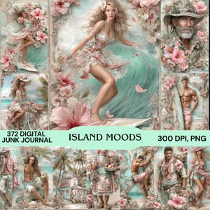 Zestaw dziennika „372 Island Moods Junk Journal”, efemeryda z tropikalnego raju, vintage'owe kliparty surfingowe, wakacje na plaży w formacie PNG, cyfrowy zestaw papieru z motywem hibiskusa