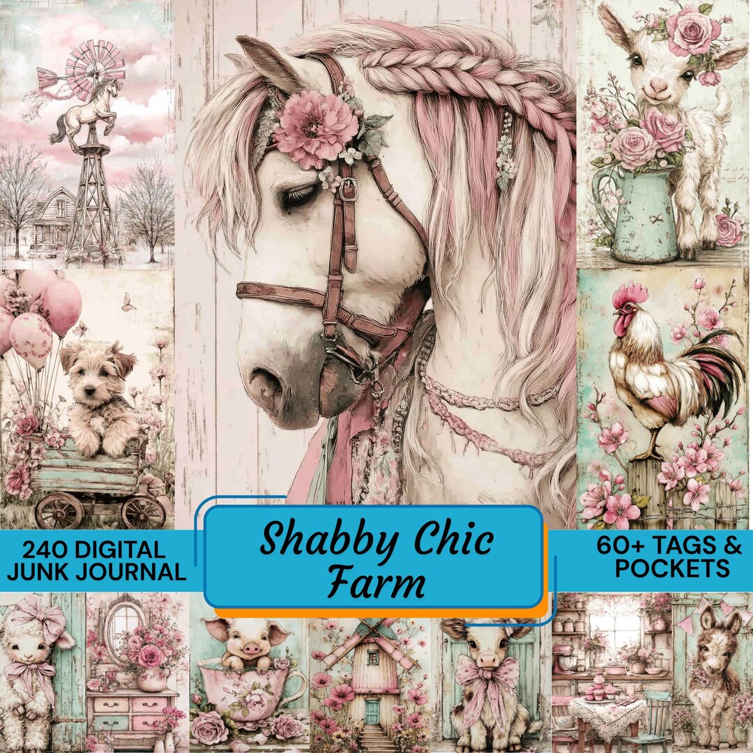 240 Shabby Chic Farm Junk Journal Kit, 150+ FREE Backgrounds, 60 Tags ...