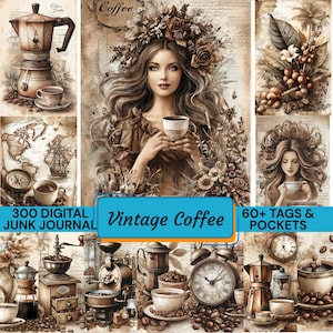 May include: A digital collage with a vintage coffee theme. The image features a woman holding a coffee cup, coffee-making equipment, coffee beans, and the text "Vintage Coffee". The collage includes the text "300 Digital Junk Journal" and "60+ Tags & Pockets".