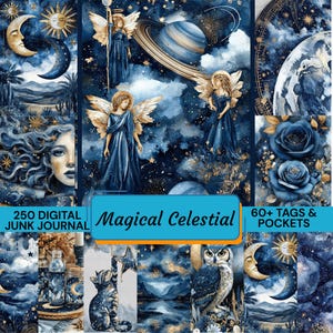 Puede incluir: Un diario digital de chatarra con temática celestial. La obra de arte presenta ángeles, planetas, lunas y estrellas en tonos azules y dorados. El texto "Magical Celestial" se muestra en una pancarta turquesa, junto con "250 Digital Junk Journal" y "60+ Tags & Pockets."