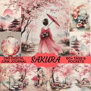 Peut inclure: Un journal numérique avec des illustrations à l'aquarelle de fleurs de cerisier japonaises, de pagodes et de carpes koï. Le mot "Sakura" est affiché dans une bannière rouge, avec le texte "60+ Tags & Pockets" et "290 Digital Junk Journal".