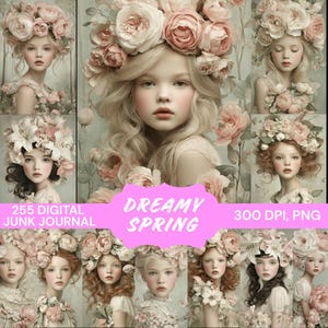 255 Dreamy Spring Junk Journal Pages, Romantic Flower Girl Ephemera, Soft Pastel Floral Digital Paper, Victorian Spring Wall Art PNG Kit