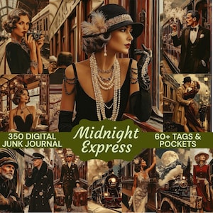 Puede incluir: Un diario digital basura titulado "Midnight Express" con ilustraciones vintage de personas con ropa elegante, un tren y el texto "60+ Tags & Pockets". La paleta de colores está dominada por tonos sepia.