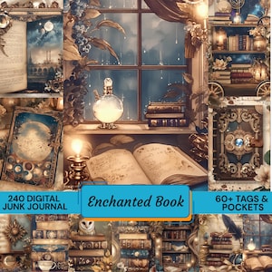 May include: A digital junk journal collection titled Enchanted Book featuring 240 pages and 60 tags and pockets. The imagery displays open books with handwritten text, ornate covers, glowing lanterns, potion bottles, and shelves filled with books.