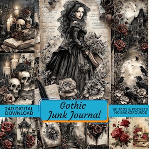 Gothic Junk Journal Kit mit 240 Seiten, über 140 kostenlose Hintergründe, 60 Etiketten & Taschen, Dark Academia Ephemera, Vintage Witchy Grimoire Digitalpapier (PNG)
