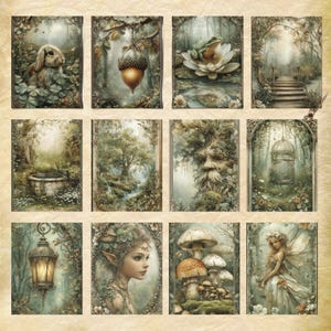 May include: A collection of twelve fantasy art prints featuring woodland scenes. The prints depict a rabbit, an acorn, a frog on a lily pad, a forest path, a stone well, a tree, a face in a tree, a birdcage, a lantern, an elf, mushrooms, and a fairy.