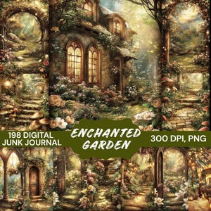 May include: Digital junk journal featuring an enchanted garden theme. The image showcases a detailed illustration of a cottage with arched windows, surrounded by lush greenery, flowers, and pathways. Text includes "Enchanted Garden" and "300 DPI, PNG".