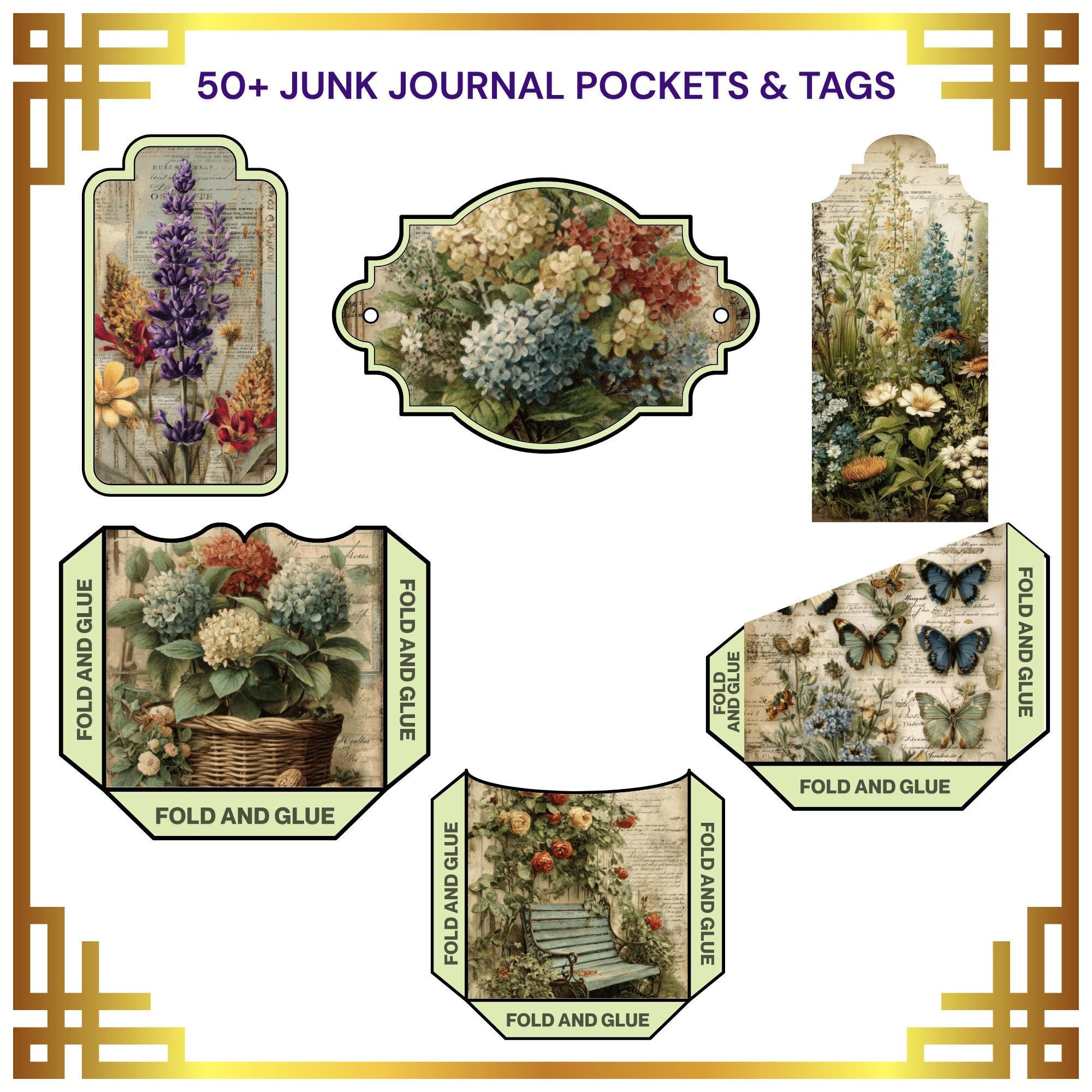 220 Vintage Garden Junk Journal Kit, +50 Tags & Pockets, Victorian ...