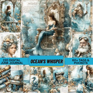 Peut inclure: Kit de journal numérique sur le thème de l'océan. L'œuvre d'art présente des sirènes, des créatures marines et des éléments nautiques dans des tons de bleu et d'or. Le texte "Ocean's Whisper" est affiché sur une bannière bleue.