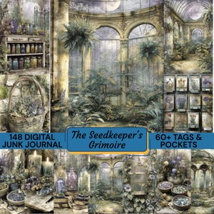 Peut inclure: Journal numérique sur le thème botanique. L'image présente un collage d'illustrations, dont une serre, des bocaux, des paniers et le texte "The Seedkeeper's Grimoire". L'image comprend également le texte "148 Digital Junk Journal" et "60+ Tags & Pockets".