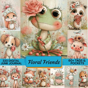 Puede incluir: Un diario digital basura titulado "Floral Friends" con ilustraciones de acuarela de adorables animales con flores. La imagen incluye una rana, un mapache, un cerdo, una ardilla, un perro y otros personajes lindos. El diario incluye 320 páginas, 60+ etiquetas y bolsillos.