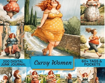 200 Curvy Women Junk Journal Kit, 60 Tags & Pockets, Body Positive Art, Fashion Plus Size Portraits, Floral Beauty Ephemera, DIY Kit PNG