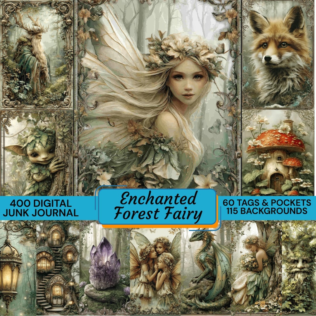 400 Enchanted Forest Fairy Junk Journal Kit, 115+ FREE Backgrounds, 60 Tags & Pockets, Mag